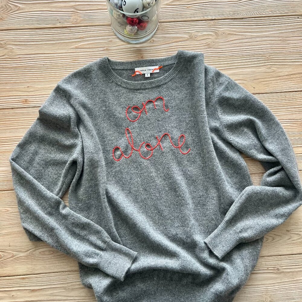 Lingua Franca Cashmere Sweater – “Om Alone” – Gray/Red Stitching (Size S)
